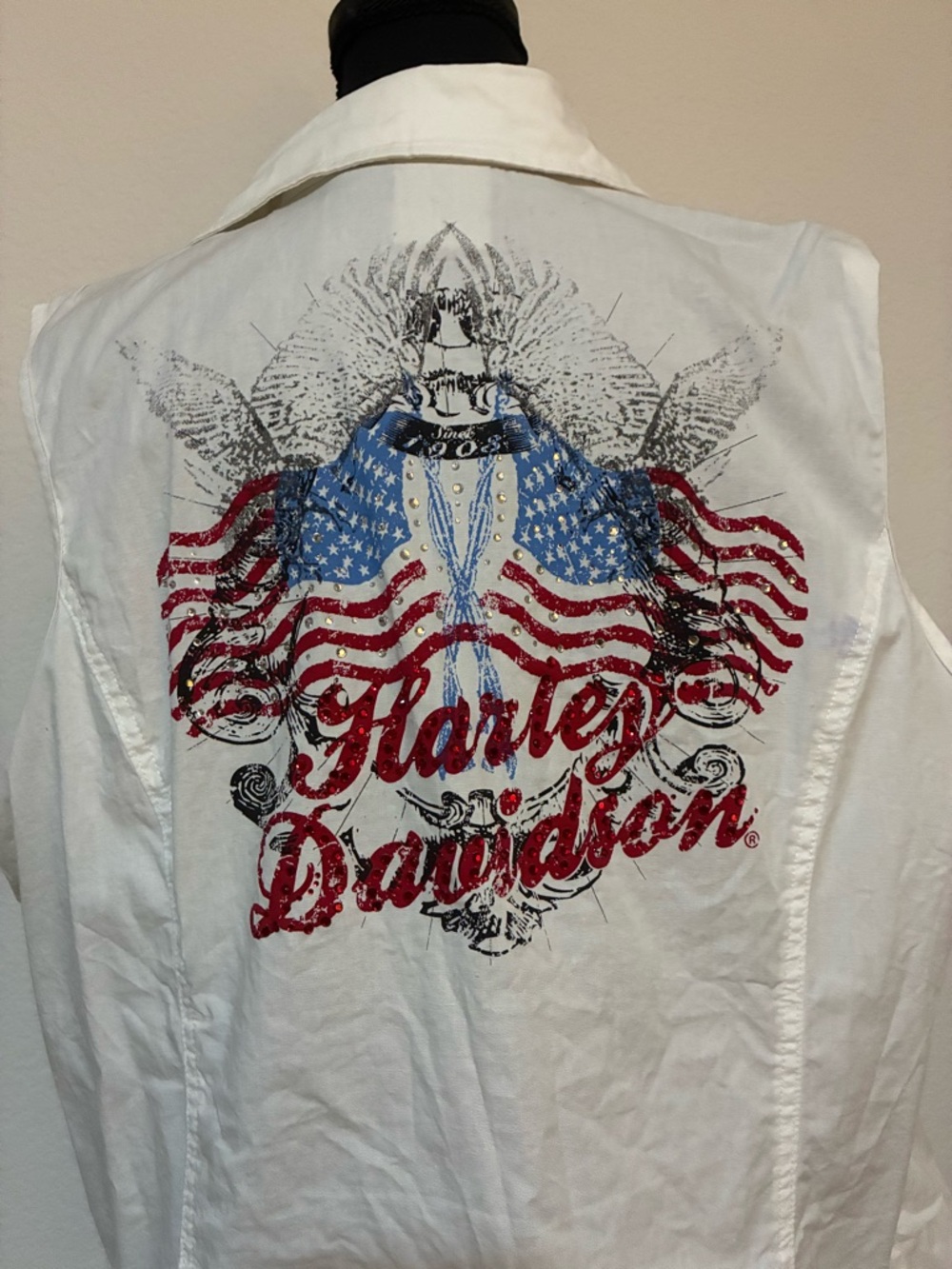 Harley-Davidson White Zip Front Sleeveless Shirt Red & Blue Flag Rhinestone Logo